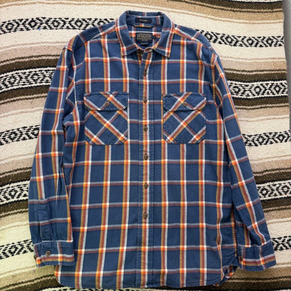 Men's Pendleton Blue Orange Burnside Flannel Button Up Long Sleeve Shirt Sz M